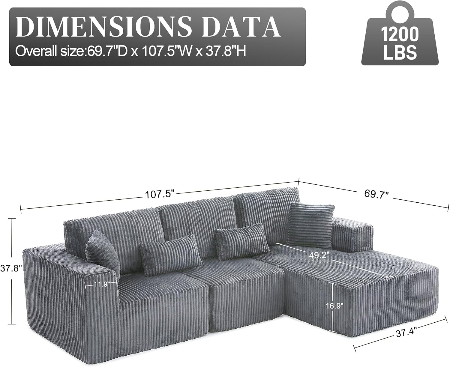 108' Boneless Couches for Living Room, L Shaped Comfy Cloud Modular Sectional Memory Foam Deep Seat Boneless Couch, No Assembly Required Sofa for Living Room with Right Facing Chaise, Dark Grey