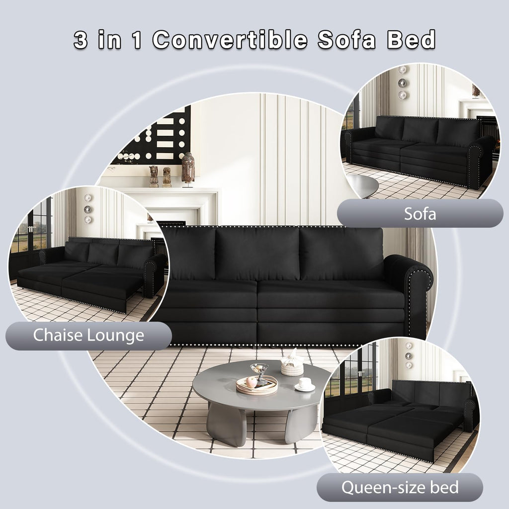 93.7' King Pull Out Sofa Bed, Velvet Sleeper Sofa Couch, 3 in 1 Convertible Futon Couches for Living Room, Small Space, Apartment, Office, Bedroom, Modern Rivet Armrest, Black