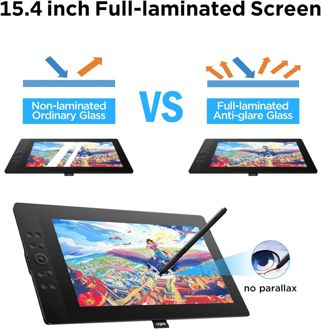 UGEE 15.4 inch Drawing Tablet with Screen，143% sRGB UE16 Computer Graphics Tablet with Full-Laminated Screen 8+1 Hot Keys 16K Level Pressure Battery-Free Stylus，Drawing Pad for PC/Windows/Mac/Android