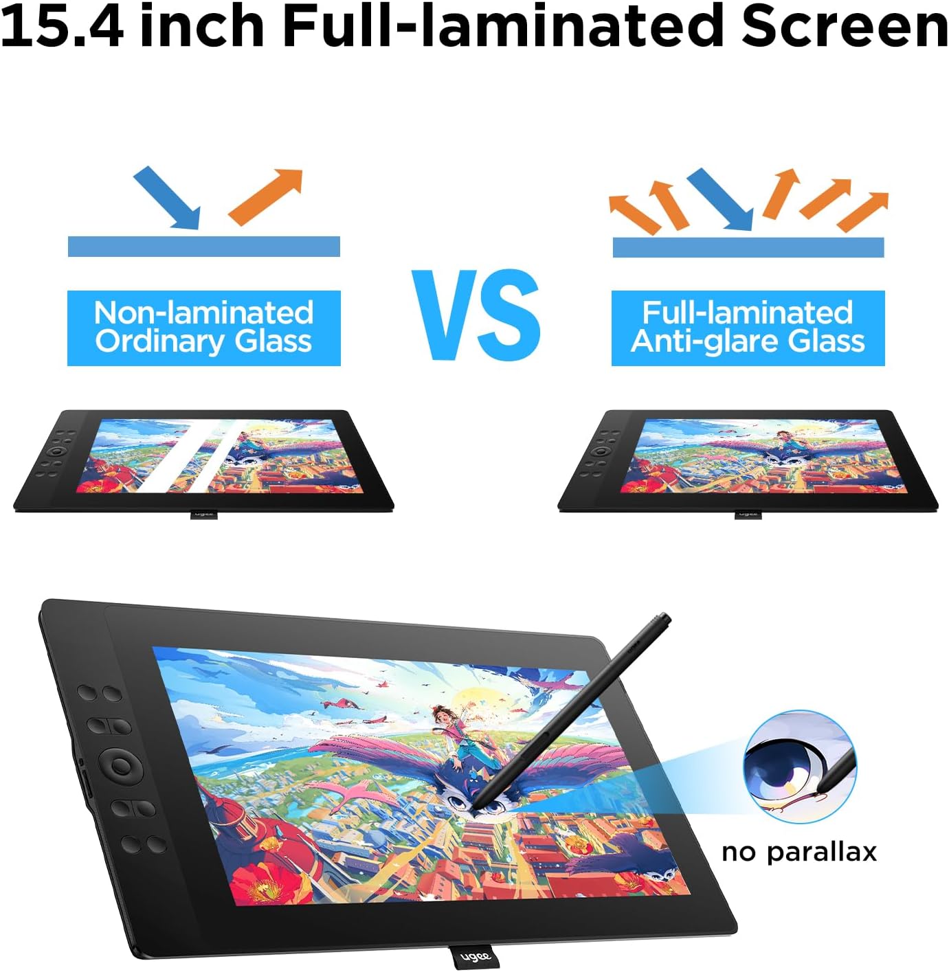 UGEE 15.4 inch Drawing Tablet with Screen，143% sRGB UE16 Computer Graphics Tablet with Full-Laminated Screen 8+1 Hot Keys 16K Level Pressure Battery-Free Stylus，Drawing Pad for PC/Windows/Mac/Android