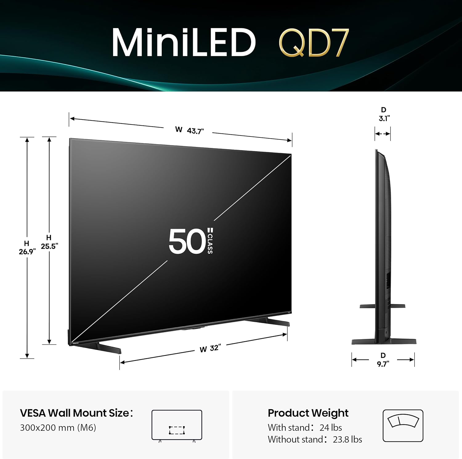 Hisense 50' Class QD7 Series Mini-LED 4K UHD Smart Fire TV (50QD7QF, 2025 Model) - QLED, HDR10+, Dolby Vision, Dolby Atmos, Game Mode Plus, ALLM, Alexa Built in with Voice Remote, Streaming TV, Black