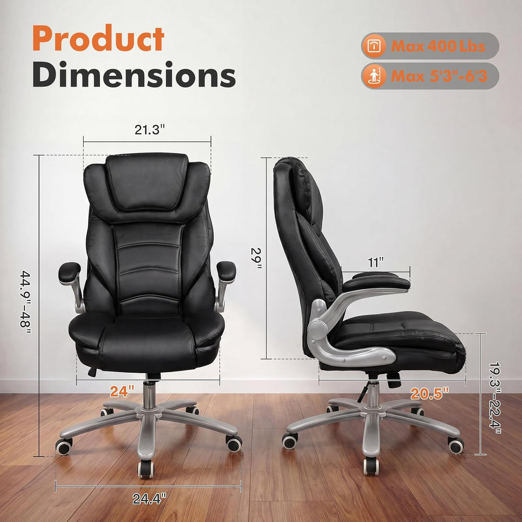 GYI Big and Tall Office Chair 400lb Wide Seat, Ergonomic High Back Leather Executive Desk Chair with Flip-up Arms, Black