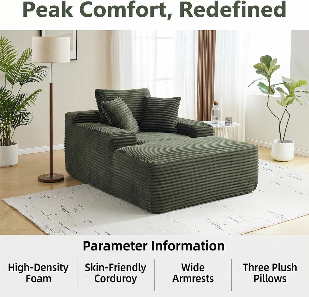Oversized Boneless Chaise Sofa Bed, Corduroy Chaise Lounge Chair Indoor with Storage Pockets, Upholstered Cloud Sleeper Chair Bed for Small Space, Living Room, Bedroom, Apartment,Green