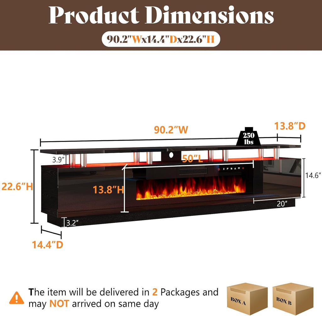AMERLIFE 90' High Gloss 2 Tier TV Stand with 50' Electric Fireplace, Modern Luxury Large Entertainment Center/w LED Lights, Media Console Table Storage Cabinet for TVs Up to 100', Living Room, Black