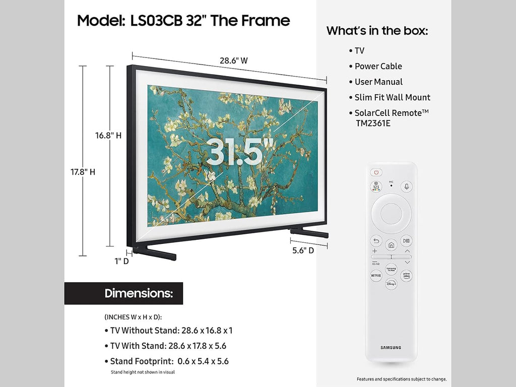 Samsung 32-Inch Class QLED The Frame LS03C Series, 1080p Resolution, Quantum HDR, Art Mode, Anti-Reflection Matte Display, Slim Fit Wall Mount Included, Smart TV w/Alexa Built-in (QN32LS03CB)