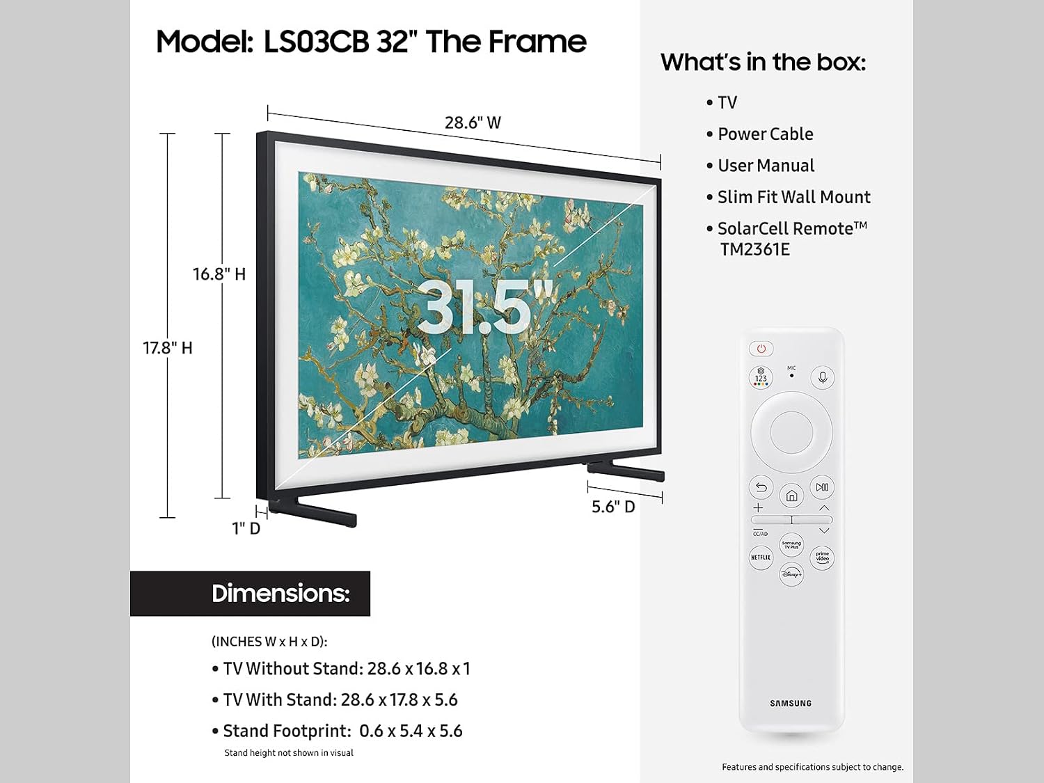 Samsung 32-Inch Class QLED The Frame LS03C Series, 1080p Resolution, Quantum HDR, Art Mode, Anti-Reflection Matte Display, Slim Fit Wall Mount Included, Smart TV w/Alexa Built-in (QN32LS03CB)