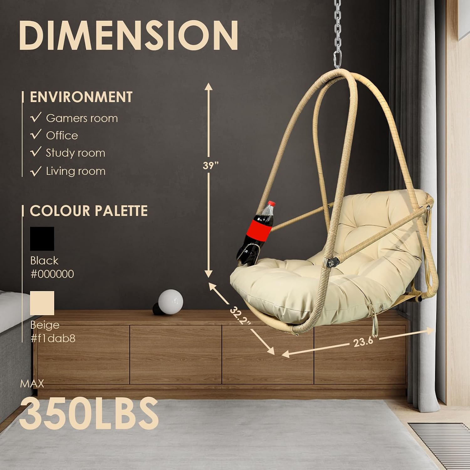 JESE Swing Egg Chair with Stand Foldable Wicker Frame UV Resistant Waterproof Cushion Hanging Chairs with Cup Holder 350lbs Capacity Swing Hammock Chairs for Patio Bedroom Indoor Outside (Beige)