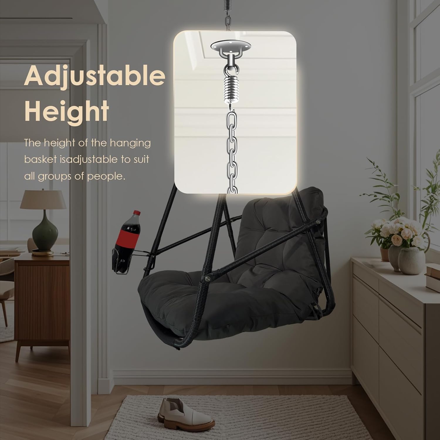 JESE Swing Egg Chair with Stand Foldable Frame Hanging Chairs for Indoor Outside,with UV Resistant Waterproof Cushion and Cup Holder,Swing Hammock Chairs for Patio,Bedroom,Balcony, Garden-350lbs BLACK