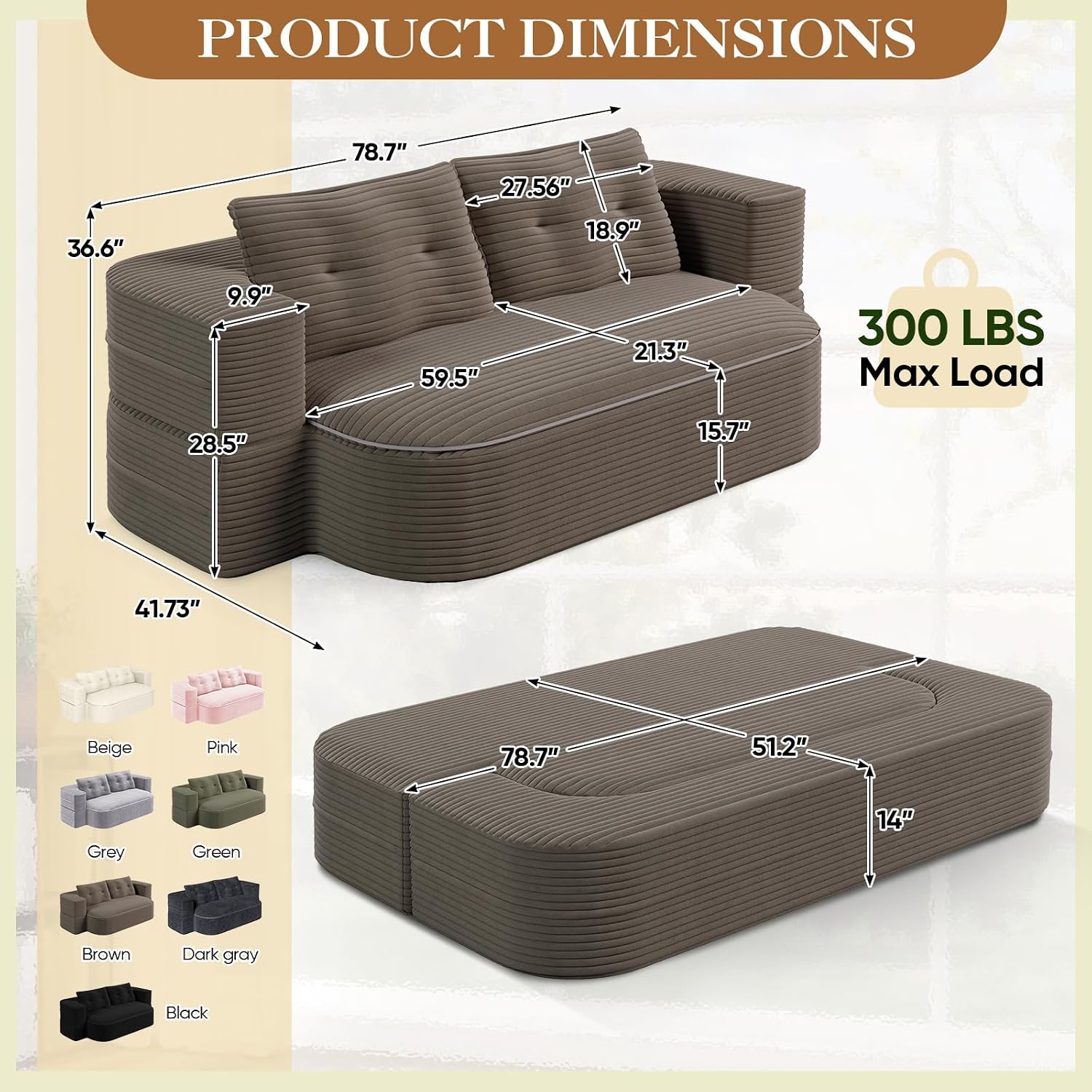 Convertible Sleeper Sofa, Modern 78-inch Folding Futon Corduroy Floor Foam Compression Loveseat Sofa Bed Couch, Foldable Full Size Guest Bed with 2 Pillows for Living Room Bedroom Apartment, Coffee