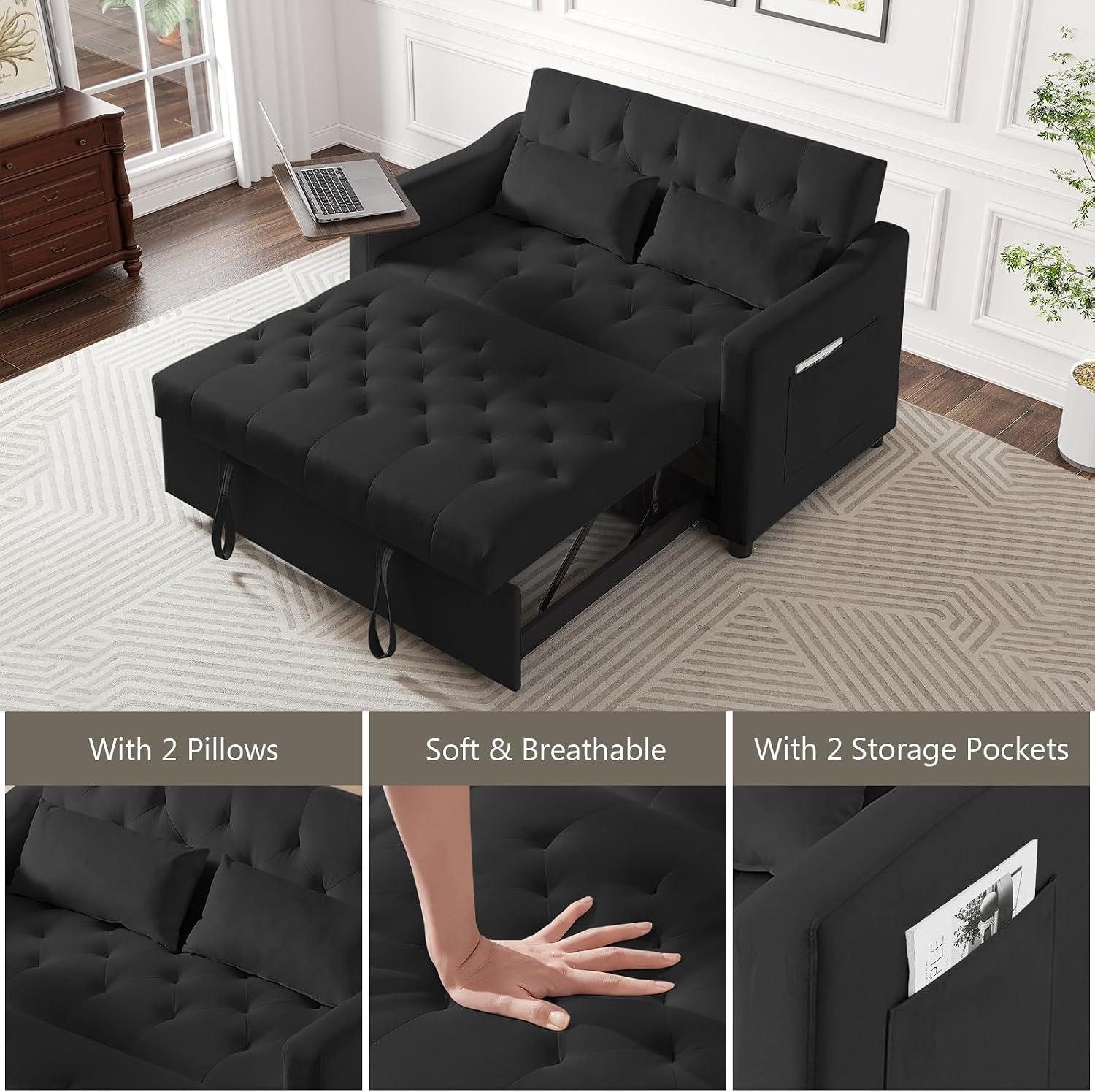 Skepphlay Convertible Couch, 3 in 1 Pull Out Sofa Bed with 3 Adjustable Backrest Loveseat with Storage and Pillows, Modern Recliner for Living Room Apartment, Black