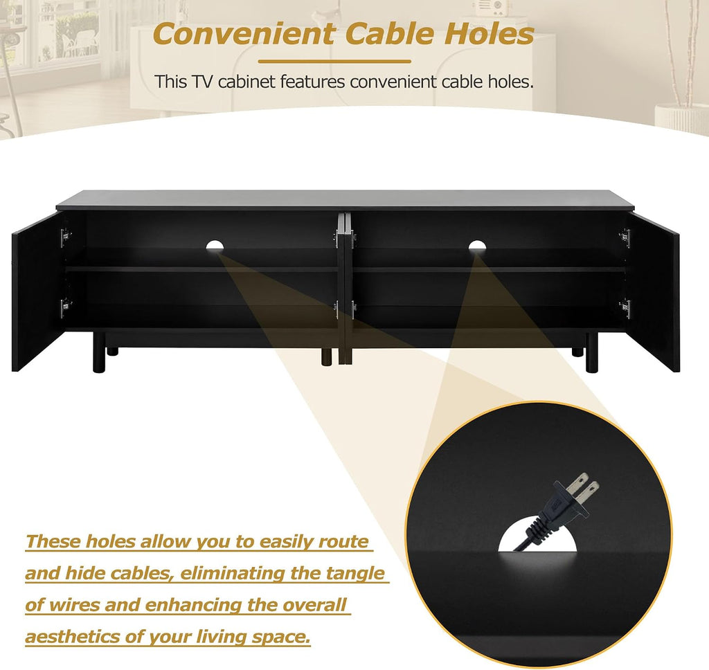 Merax Modern TV Stand with Arch Cabinets, Solid Wood Legs & Adjustable Shelves | Entertainment Center with Cable Management for Living Room, Black