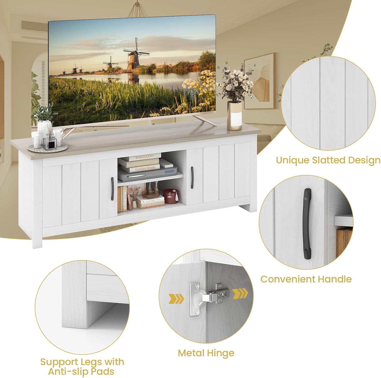 Tangkula 2 Doors TV Stand for TVs up to 65', 57' Media Console Table w/ 2 Cabinets & Open Shelves, 2 Cable Management Holes. Wood Entertainment Center Cabinet for Living Room (White Oak)