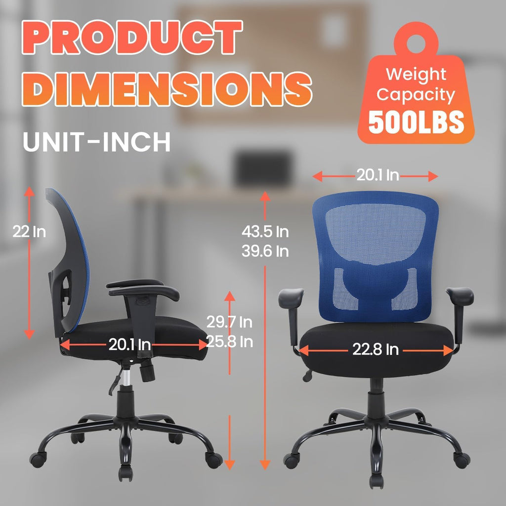 BestOffice Big and Tall Office Chair Mesh Computer Chair with Lumbar Support Wide Seat Adjust Arms Rolling Swivel High Back Task Executive Ergonomic Chair for Home Office, Blue