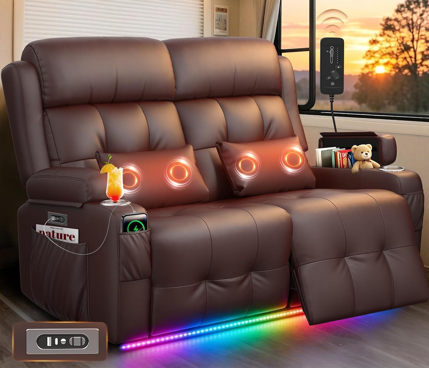 Power Loveseat Recliner Sofa with Graphene Heating & Massage, Zero Wall Hugger Home Theater Seating, RV Reclining Couch with LED Lights, USB & Type-C, Cup Holders, Hidden Storage Armrest & Pillows