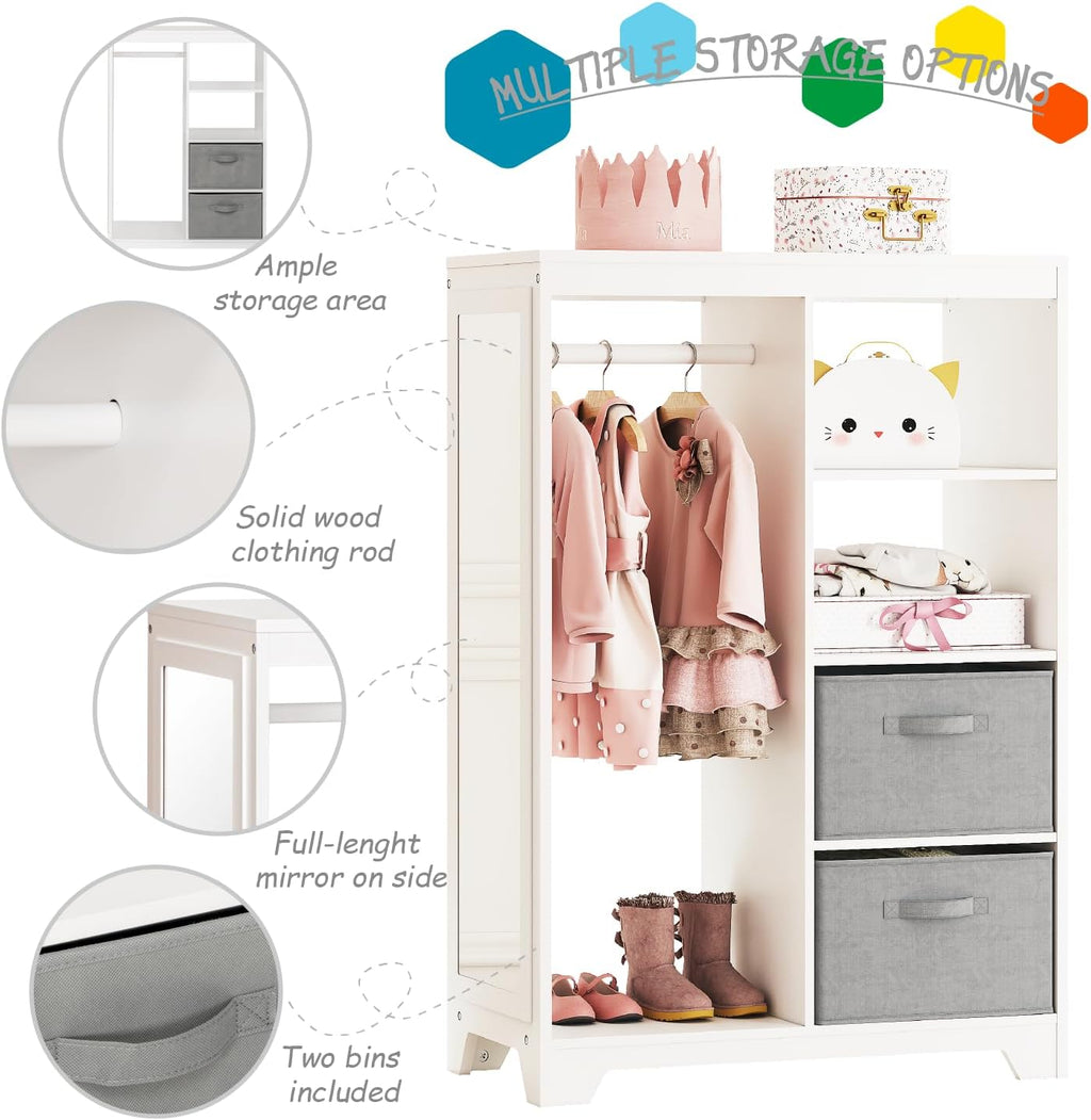 UTEX Kids Dress Up Storage with Full Length Mirror, Kids Armoire with 2 Storage Bins, Opening Hanging Costume Closet Wardrobe, Pretend Storage Closet Armoire Dresser
