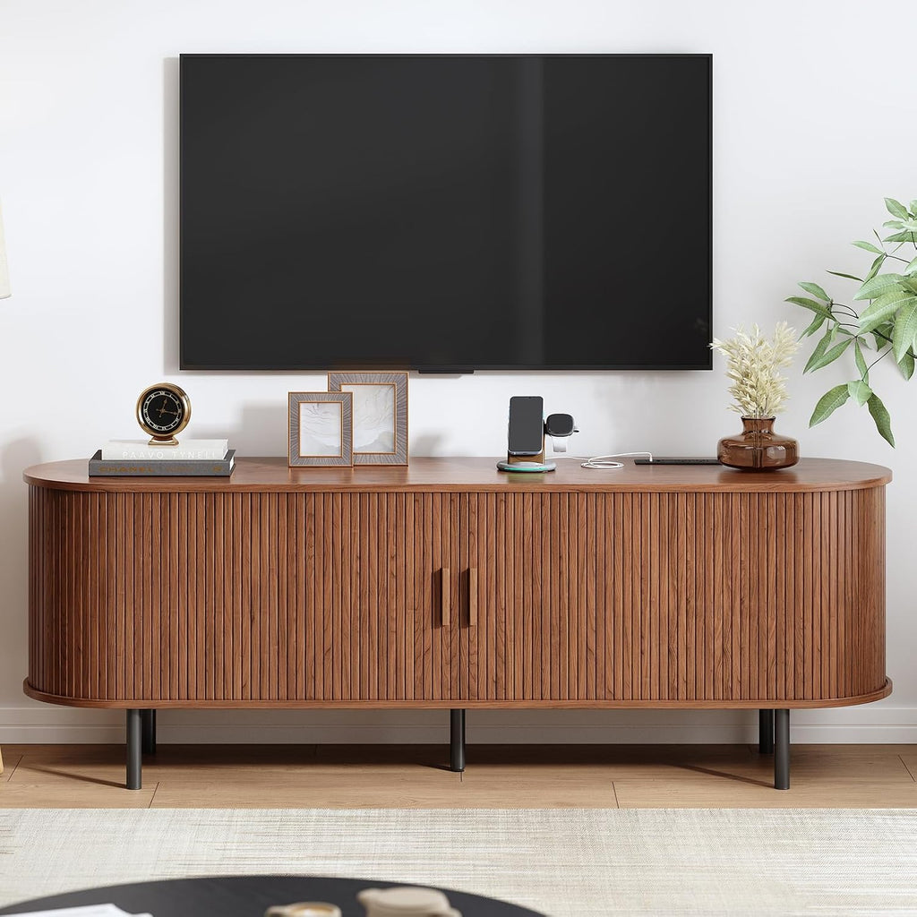 63' Fluted TV Stand with Power Outlet, Modern Media Console with Sliding Doors, Entertainment Center for TVs up to 60 Inch, Adjustable Shelves, Walnut
