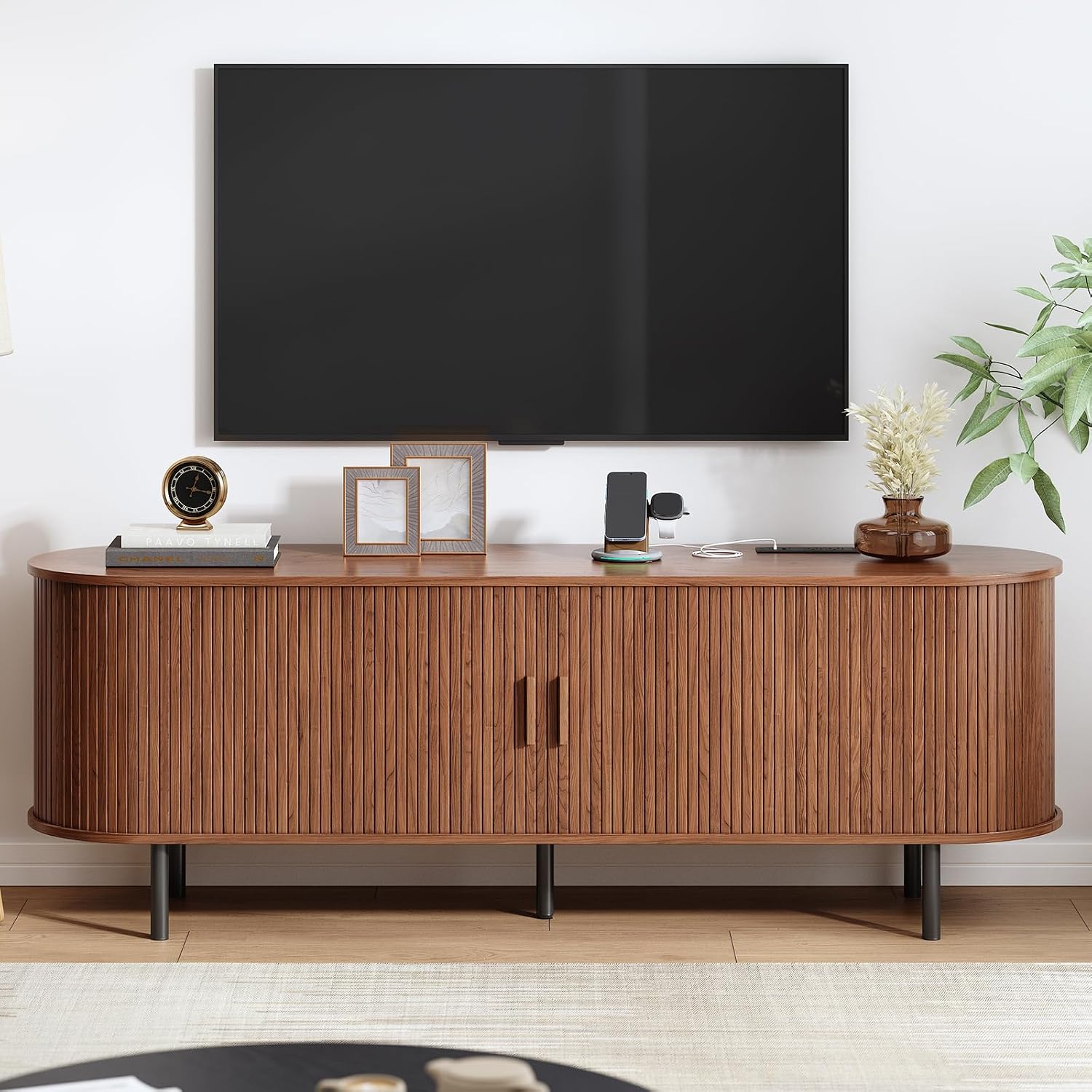 63' Fluted TV Stand with Power Outlet, Modern Media Console with Sliding Doors, Entertainment Center for TVs up to 60 Inch, Adjustable Shelves, Walnut