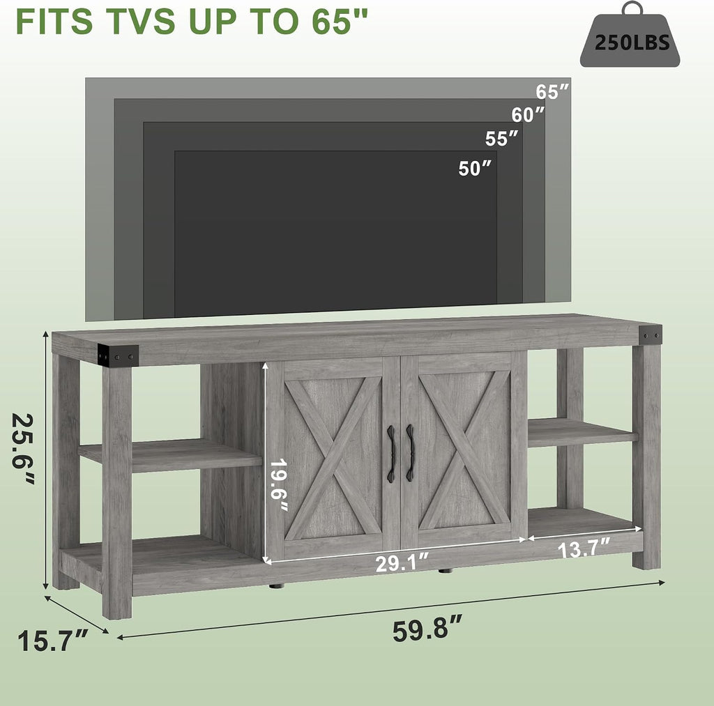 Garvee TV Stand for 65'' TV, Farmhouse Entertainment Center with Storage, 60'' TV Console Table with Shelves, Modern Media Console Cabinet with Doors, Wooden TV Stand for Living Room, Bedroom, Grey