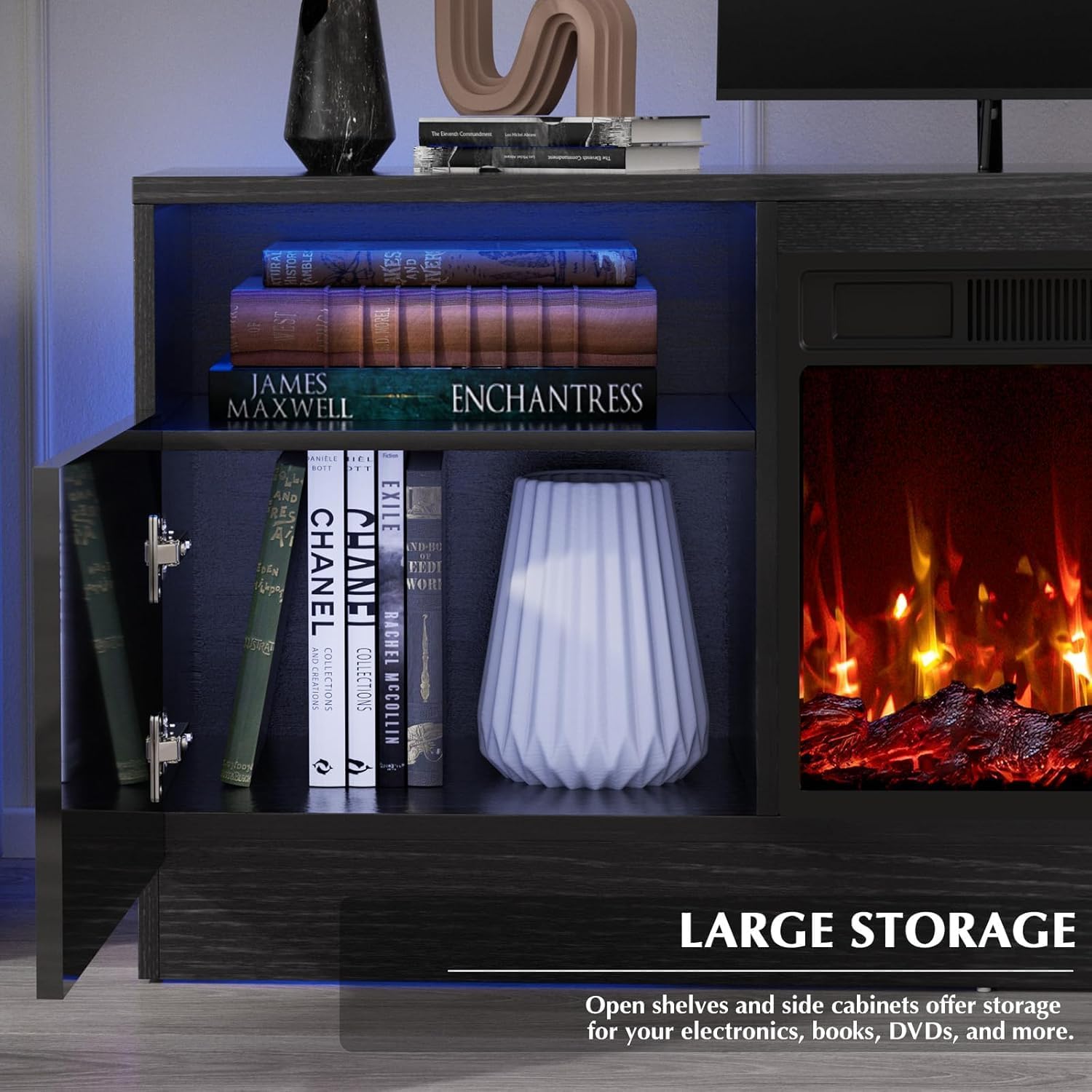 LEMBERI Fireplace tv Stand with 36 inch Fireplace Up to 80' TVs,LED Light Entertainment Center and Storage, 70' Modern Wood Media TV Console with Highlight Cabinet for Living Room