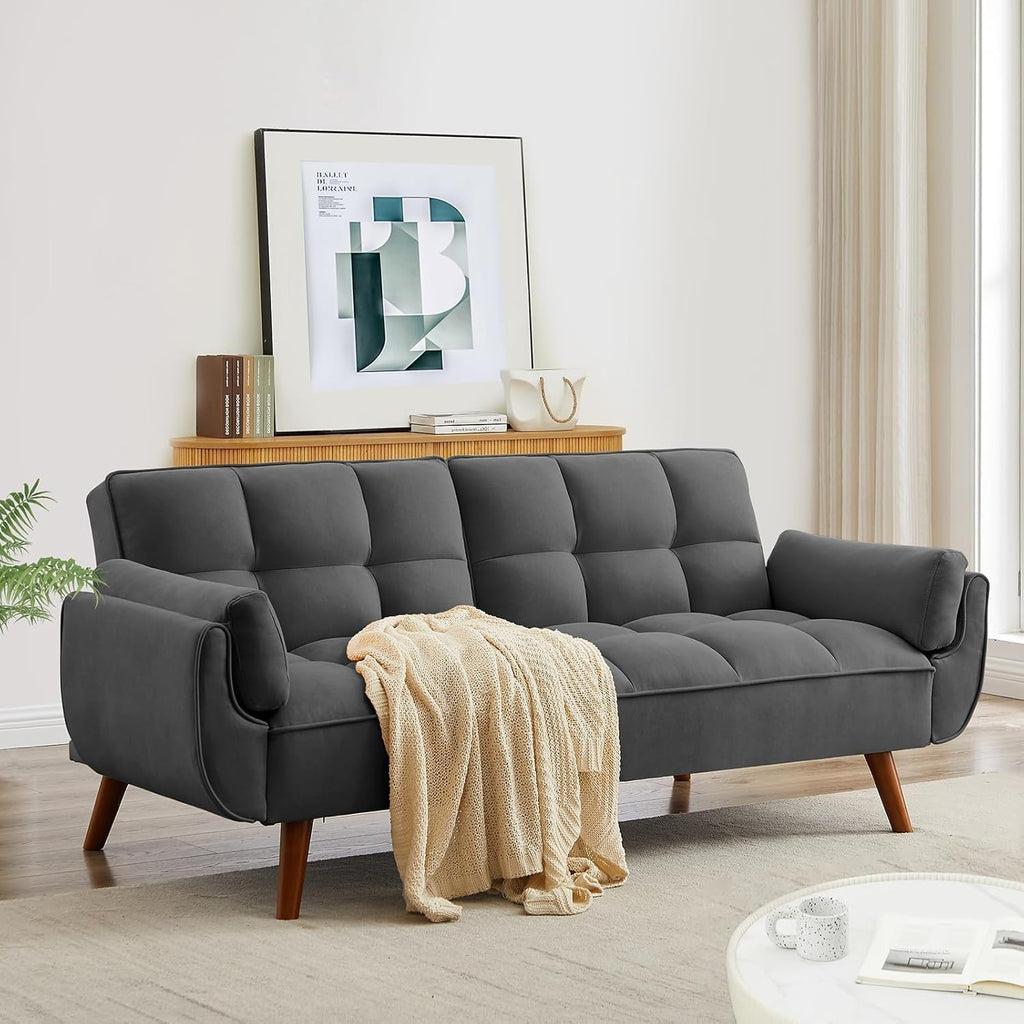 Convertible Futon Sofa Bed, Modern Futon Couch with 2 Pillows, Small Futons Couch with Adjustable Armrest & Backrest, Loveseat Sofa Bed for Living Room, Bedroom, Dark Gray