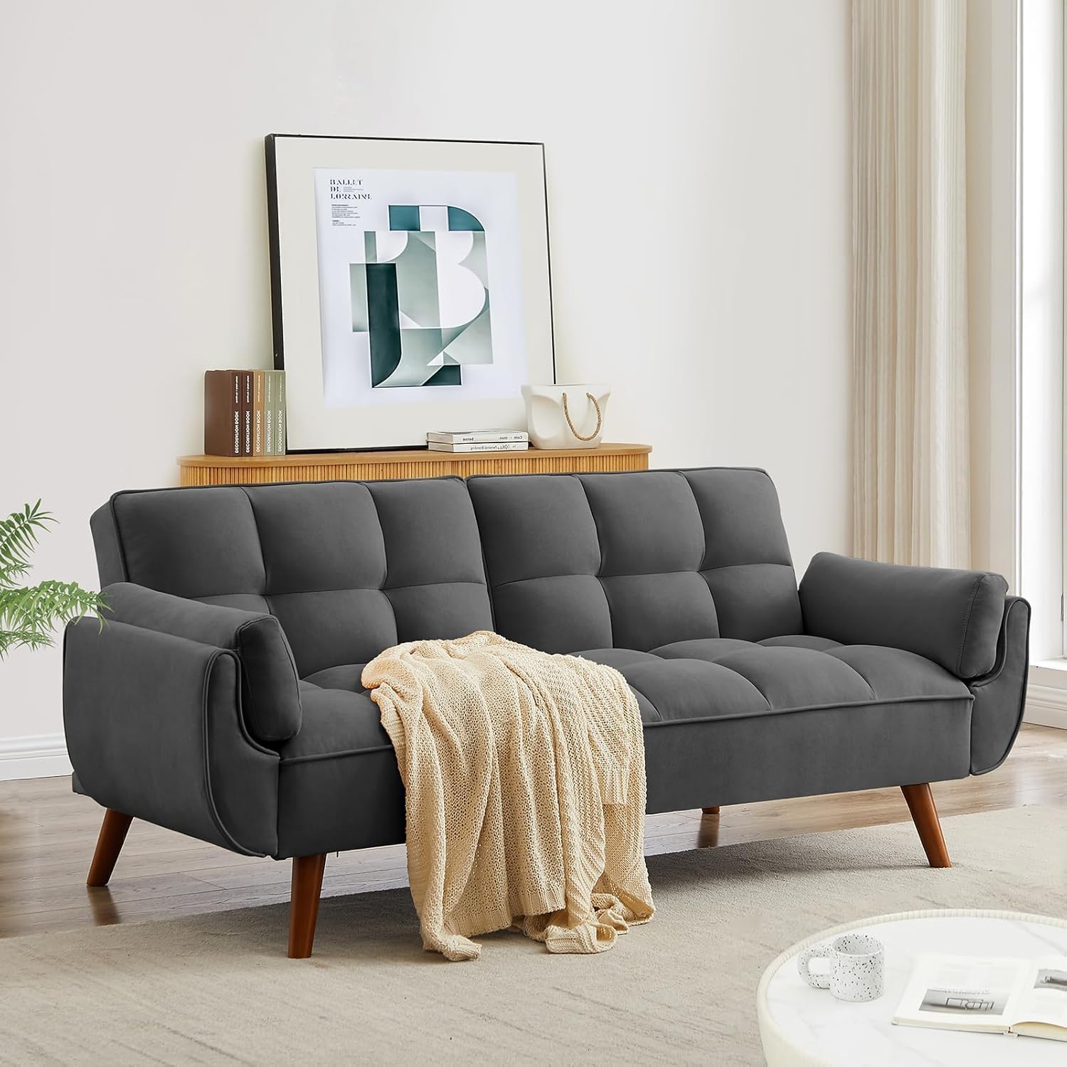 Convertible Futon Sofa Bed, Modern Futon Couch with 2 Pillows, Small Futons Couch with Adjustable Armrest & Backrest, Loveseat Sofa Bed for Living Room, Bedroom, Dark Gray