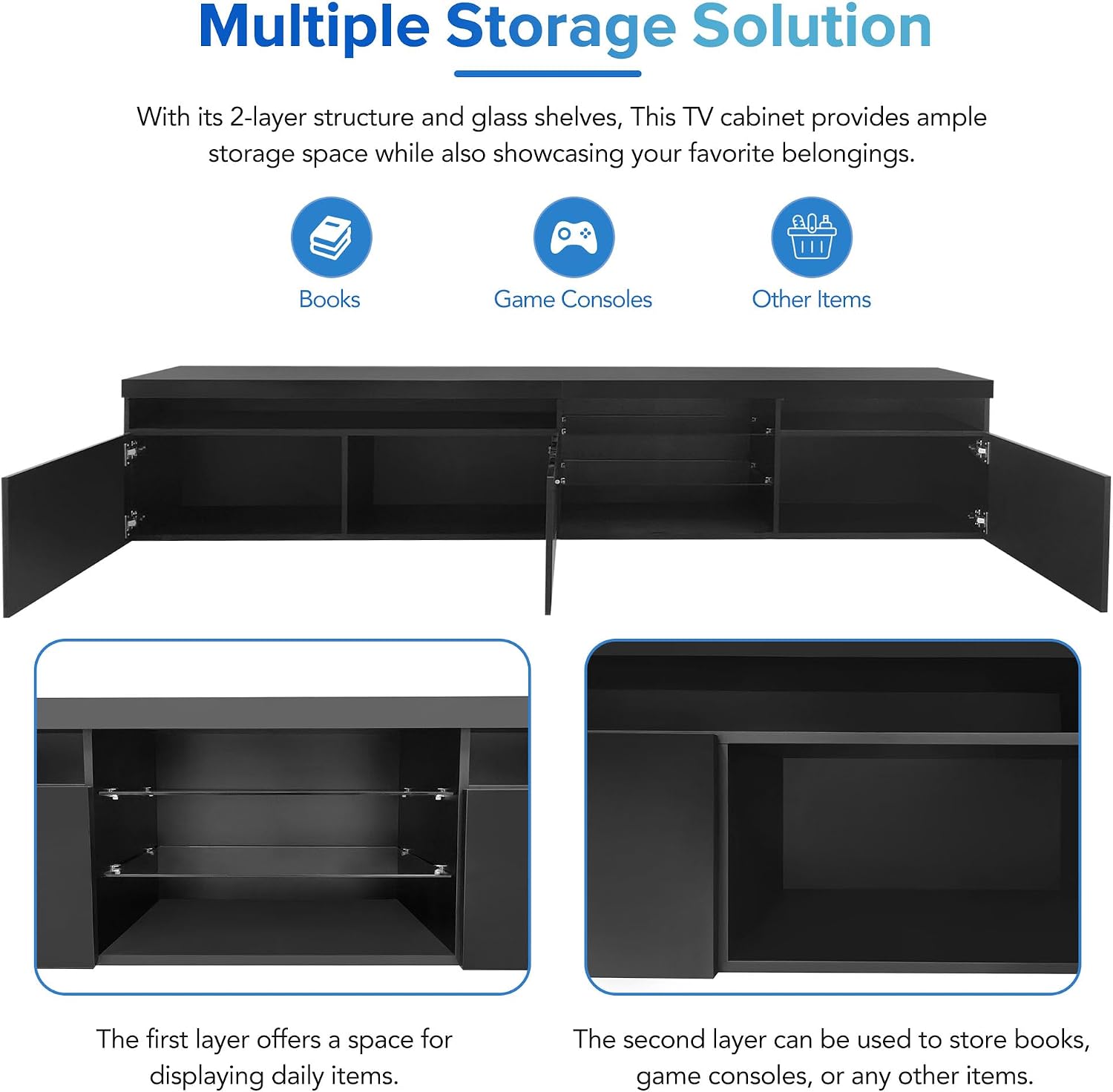 Bellemave LED TV Stand for TVs Up to 105',Ample Storage Space Media Console with 2 Glass Shelves,Versatile TV Cabinet with LED Color Changing Lights for Living Room (Black)
