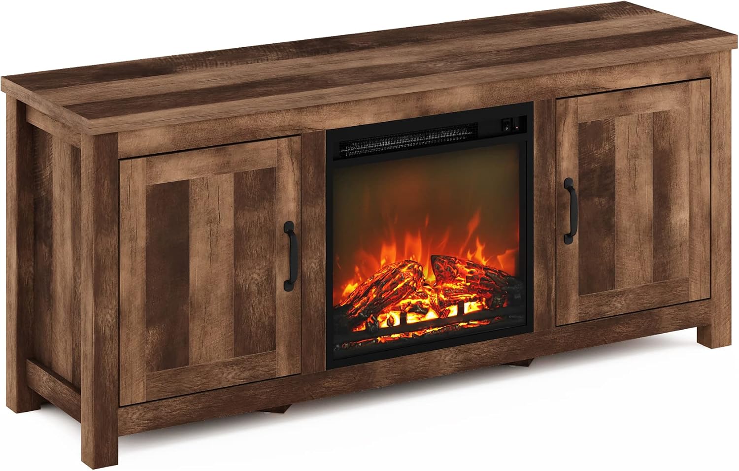 Furinno Jensen Farmhouse Barn Door Fireplace Stand with Storage Cabinet for TV up to 60 Inch, Rustic Brown