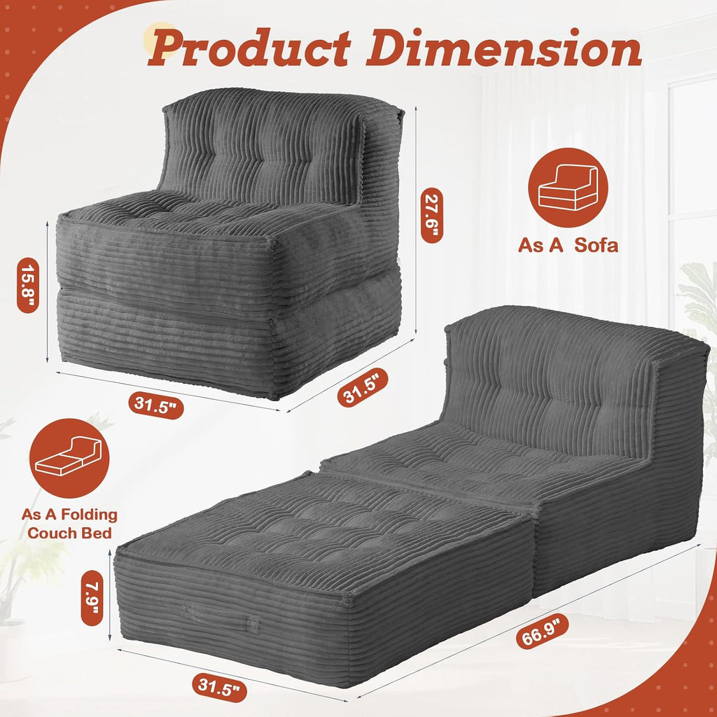 5-in-1 Convertible Folding Sofa Bed, Frameless Convertible Couch with Handles & Non-Slip Base, Premium Corduroy Floor Sofa with High-Density Shredded Foam for Living Room Apartment Dorm Home Theater