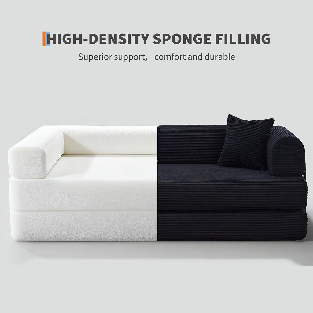 IDEALHOUSE 4 in 1 Convertible Sleeper Sofa Bed Couch, 79 Inch Boneless Corduroy Floor Couch with Pillows, No Assembly, Modern Deep Seat Sofa Futon Mattress for Living Room,Apartment,Black