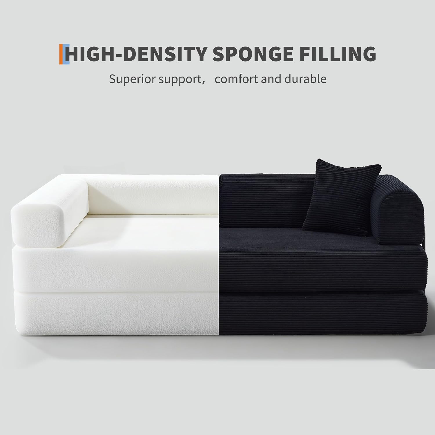 IDEALHOUSE 4 in 1 Convertible Sleeper Sofa Bed Couch, 79 Inch Boneless Corduroy Floor Couch with Pillows, No Assembly, Modern Deep Seat Sofa Futon Mattress for Living Room,Apartment,Black