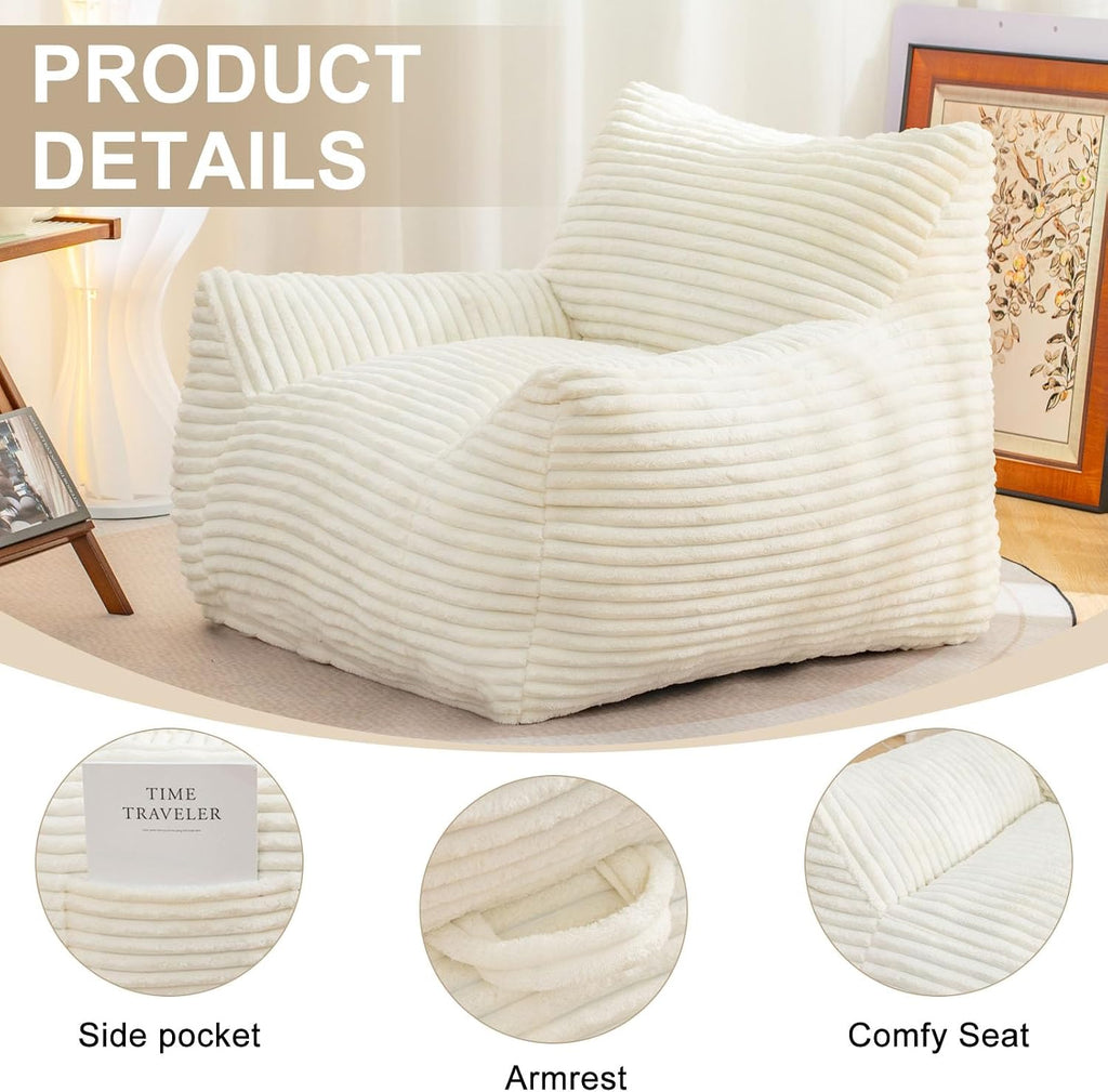 Bean Bag Chair for Adults, Comfy Corduroy Beanbag with Armrests, Lazy Sofa Floor Chair for Living Room, Bedroom, Dorm & Lounge, Cozy Fluffy Single Mini Couch (White)