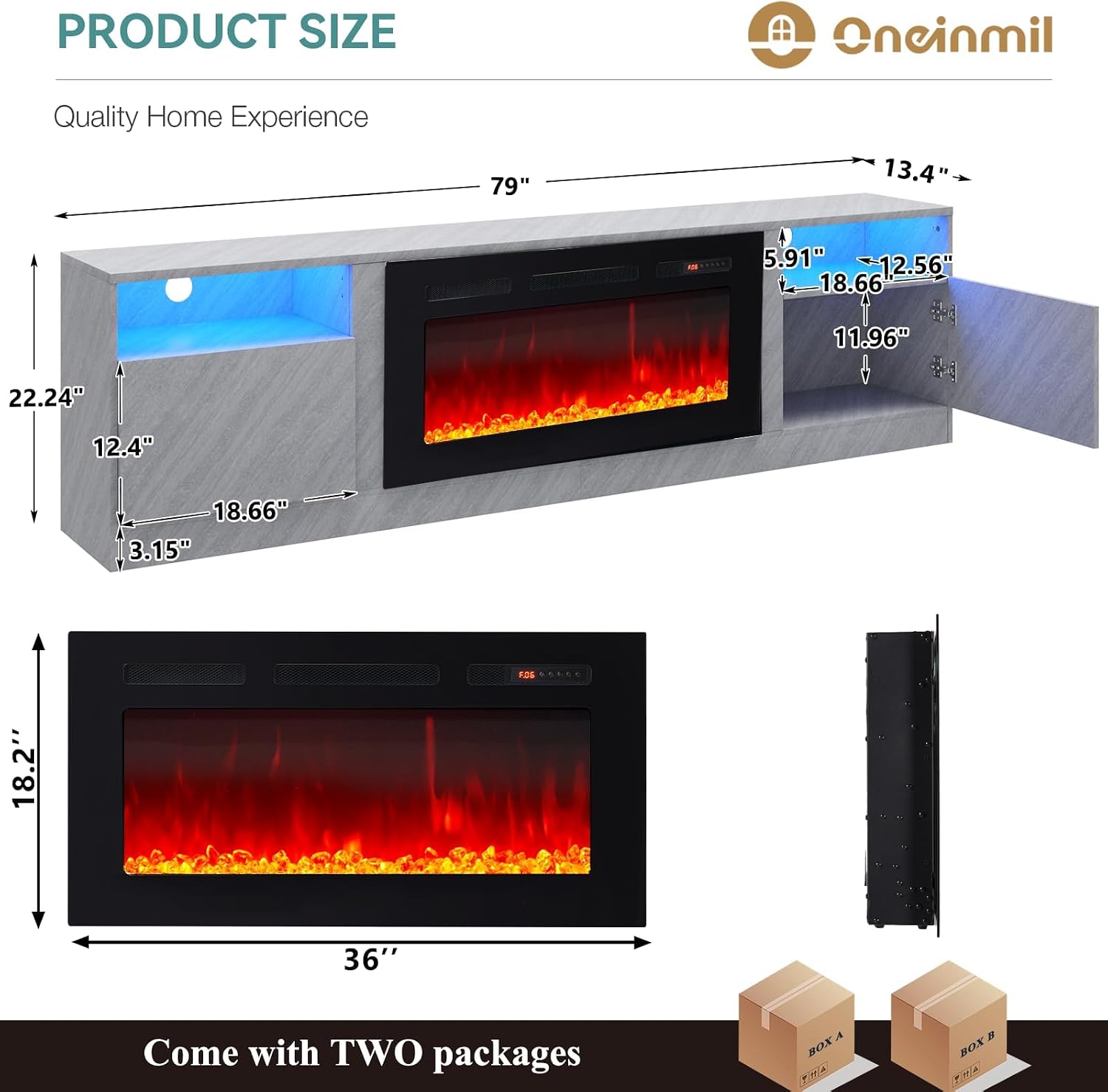 oneinmil 80' TV Stand with 36' Electric Fireplace, Large Modern Media Entertainment Center with Storage Cabinet and 12 Colors LED Lights for TVs Up to 90', Grey+Black