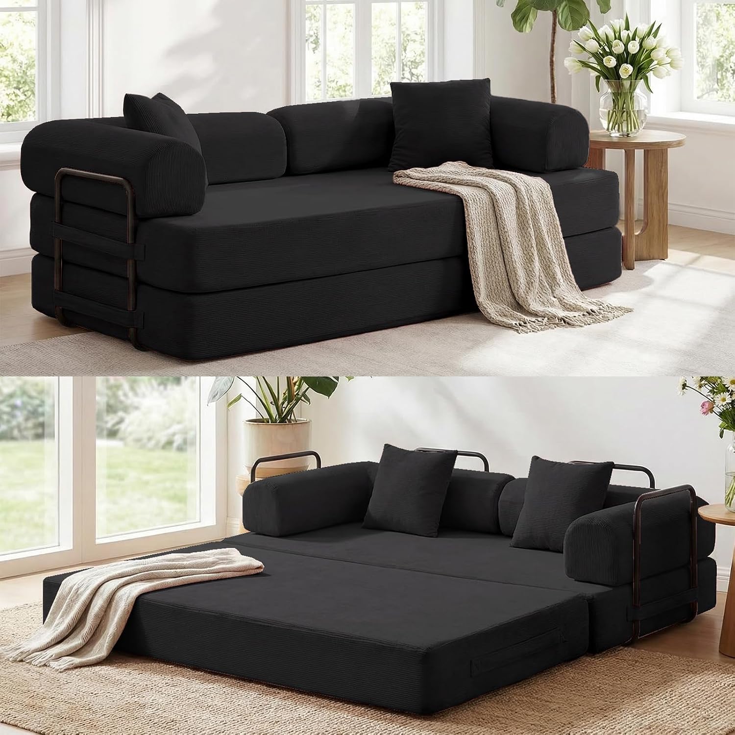 ijuicy 4-in-1 King Convertible Floor Sofa Bed w/ 2 Pillow,Modular Sleeper Sofa/Folding Futon Couch Bed w/Cylindrical Backrest and Fixed Frame,Lounge Couch,Corduroy Compression Sofas for Home-Black