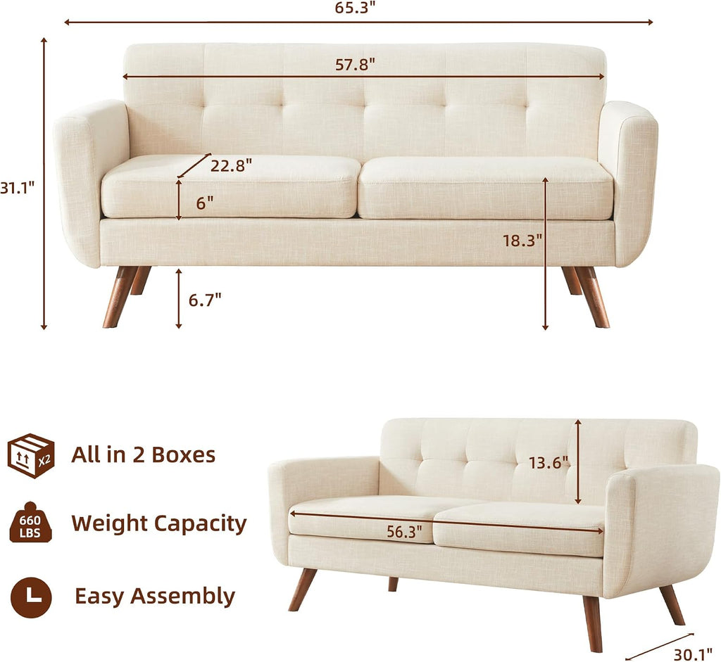 Tbfit 65' W Loveseat Sofa with Ottoman Coffee Table, Mid Century Modern Love Seat Couches for Living Room, Button Tufted Upholstered Small Couch for Bedroom,Easy to Install Love Seats Furniture, Beige