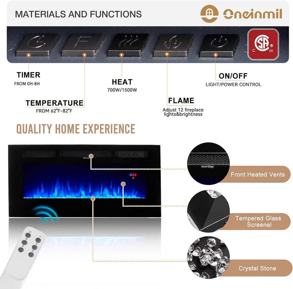 oneinmil Fireplace TV Stand with 36' Electric Fireplace, LED Light Entertainment Center, Modern Wood Texture Entertainment Stand with Highlight Storage Cabinet for TVs Up to 80', 70 inches, Black