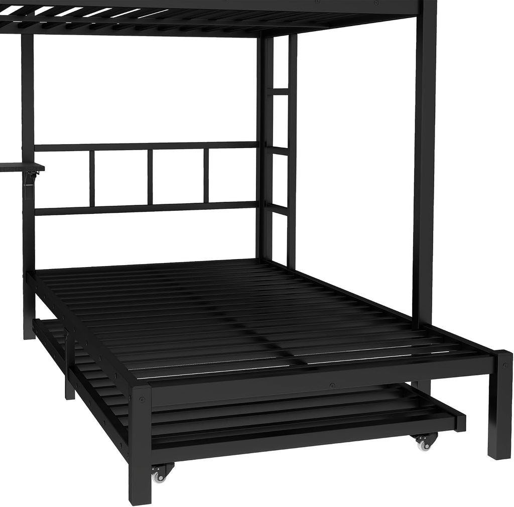 Bellemave Queen Over Twin XL bunk Bed with Foldable Desk and Wardrobe and Twin Trundle, loft Bed with Desk and Desk, Metal Bunk Beds with Storage, Black