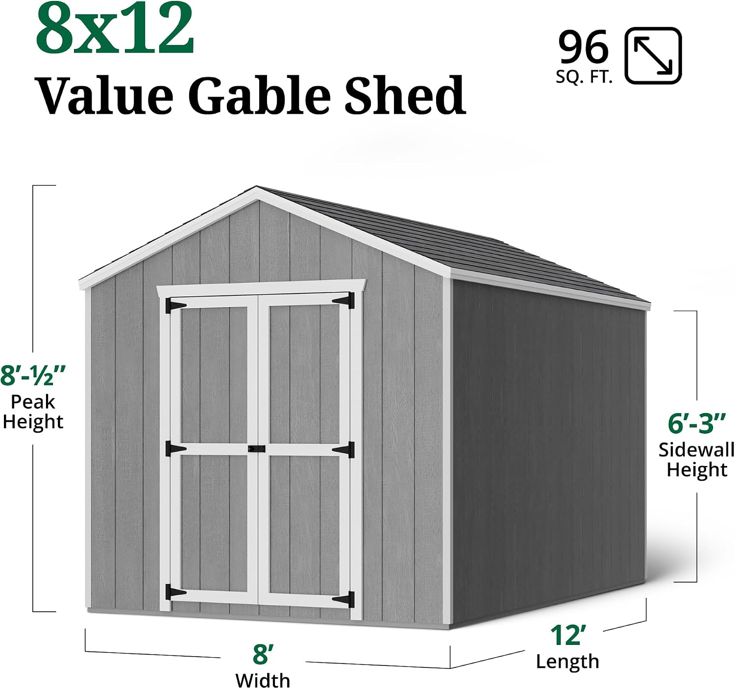Little Cottage Co. 8x12 Value Gable Shed with Floor, Outdoor Wood Storage Do-It-Yourself Precut Kit