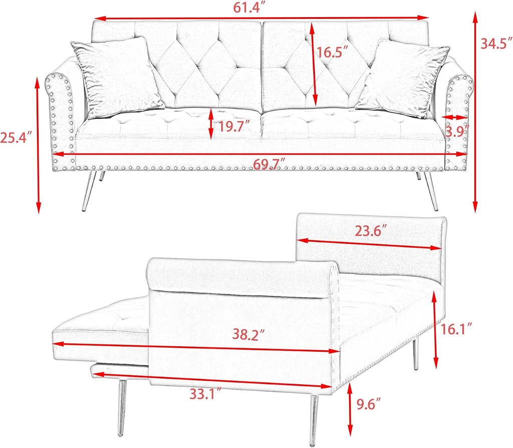 ERYE Tufted Futon Sofa Bed Modern Velvet Upholstered Loveseat Sleeper Futon Sofabed with Split Adjustable Backrest, Nailhead Decor and Elegant Golden Legs for Home Apartment RV Office Studio Bedroom