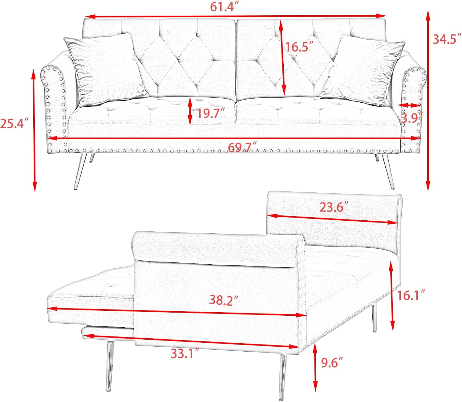 ERYE Tufted Futon Sofa Bed Modern Velvet Upholstered Loveseat Sleeper Futon Sofabed with Split Adjustable Backrest, Nailhead Decor and Elegant Golden Legs for Home Apartment RV Office Studio Bedroom