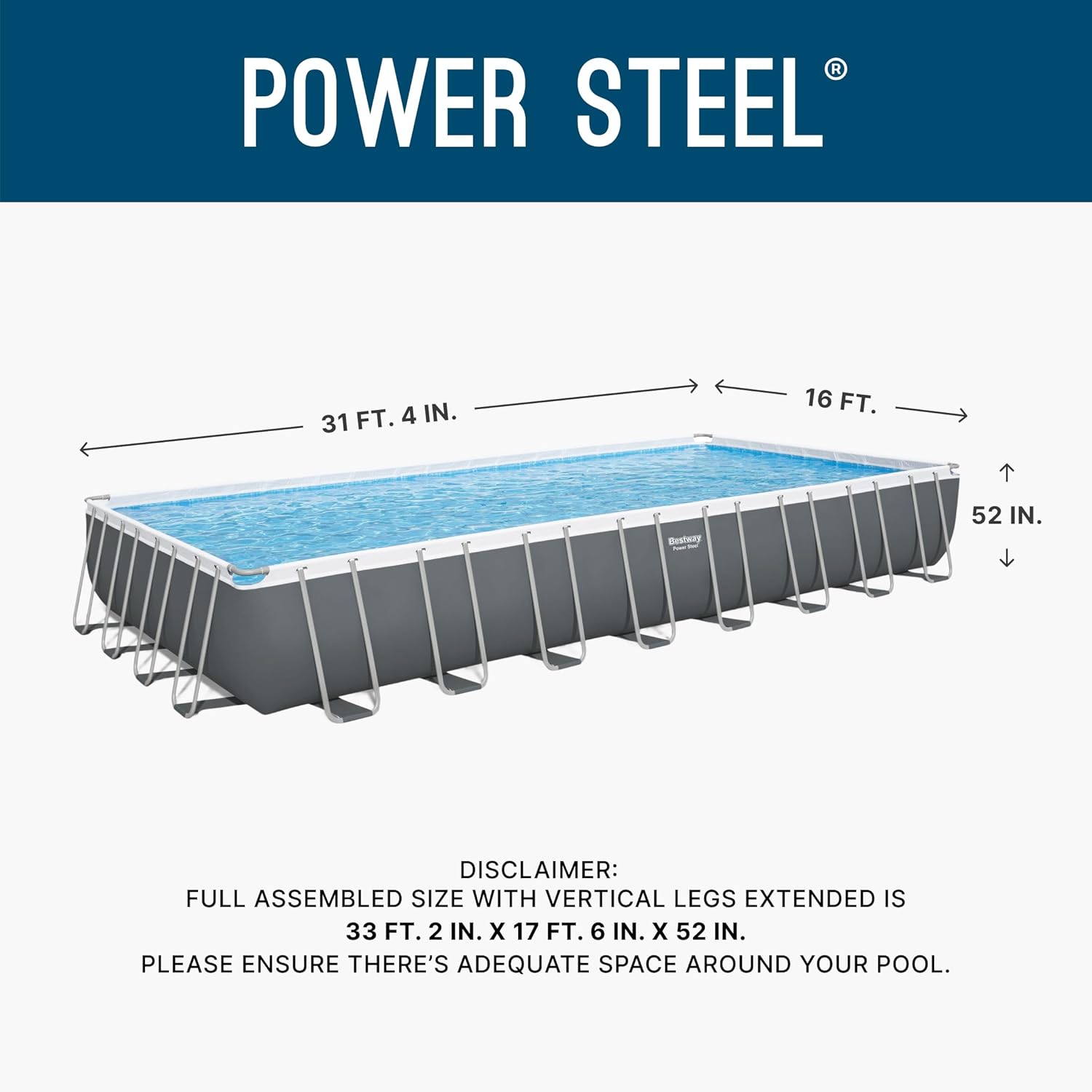 Bestway Power Steel 31'4' x 16' x 52' Above Ground Pool, Rectangular Metal Frame Outdoor Swimming Pool Set with Sand Filter Pump, Ladder, and Cover