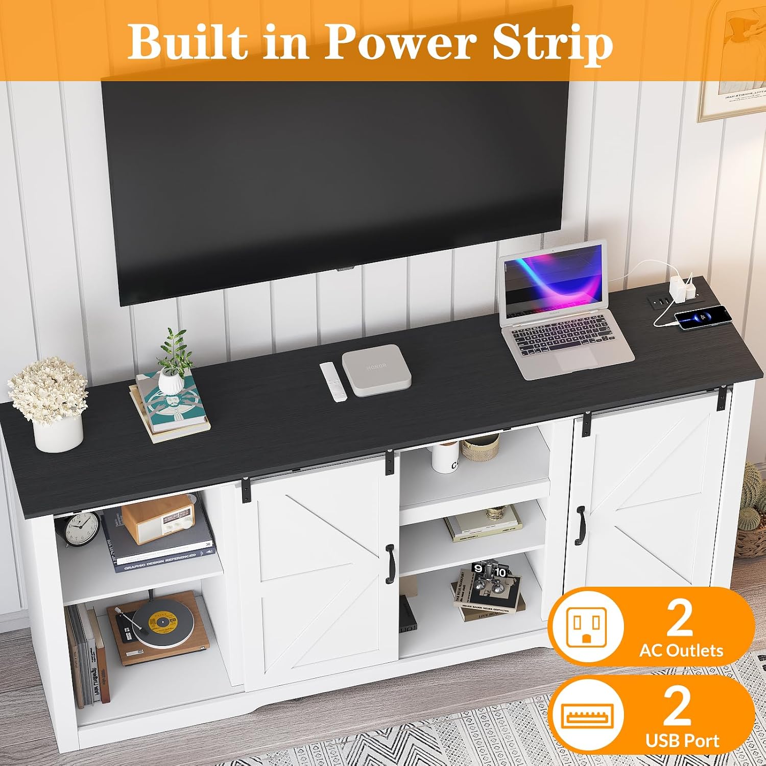 GarveeLife 70 in Farmhouse TV Stand with Power Outlets for Televisions Up to 80 in TVs, Sliding Barn Door & Large Storage Cabinets with Adjustable Shelf, 32 in Tall TV Media Console, White