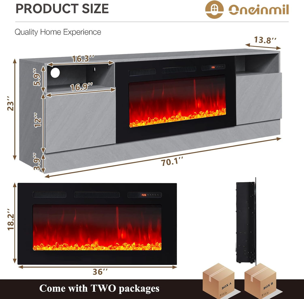 oneinmil Fireplace TV Stand with 36' Electric Fireplace, LED Light Entertainment Center, Modern Wood Texture Entertainment Stand with Highlight Storage Cabinet for TVs Up to 80', 70 inches, Grey