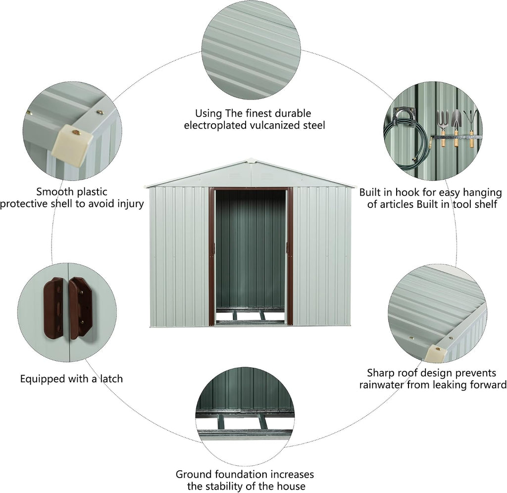 BNSPLY 6x5 FT Outdoor Storage Shed, Metal Garden Shed with Floor Frame, Tool Shed Outdoor Storage with Lockable Sliding Doors & Window & Air Vents, Storage House Waterproof for Backyard, Lawn, White