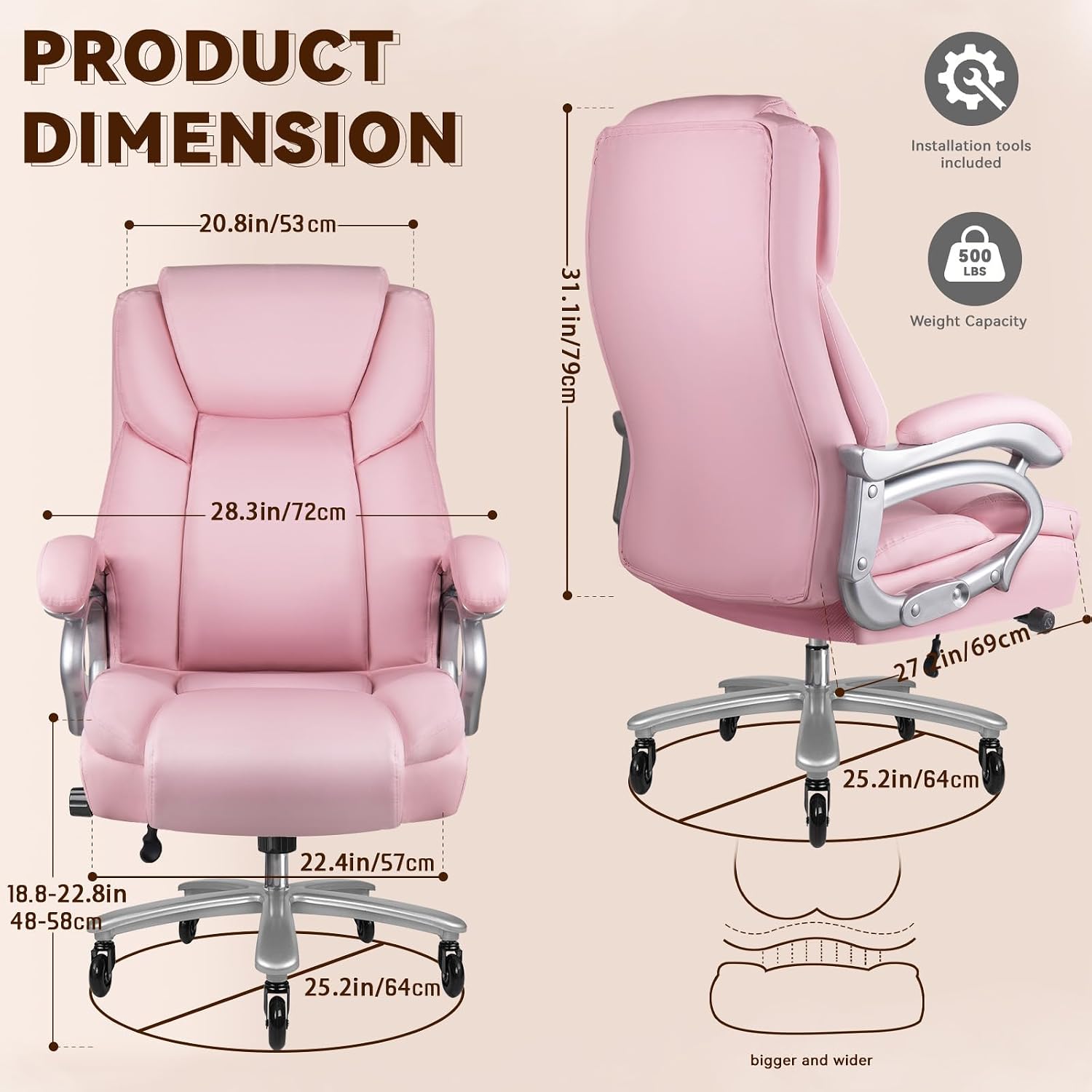 OFIKA Big and Tall Office-Chair 500lbs - Adjustable Lumbar Support, Office Chair for Heavy People, Heavy Duty High Back Executive with Wide Seat and Quiet Rubber Wheels