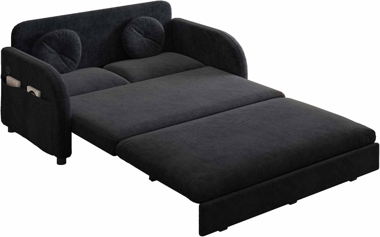 52.4'' Pull Out Couch Full-Size, Futon Sofa Bed, Convertible Sleeper Sofa Bed with USB Port, Storage Pockets, 2 Pillows, Modern Chenille Loveseat Couches for Living Room, Small Space, Black