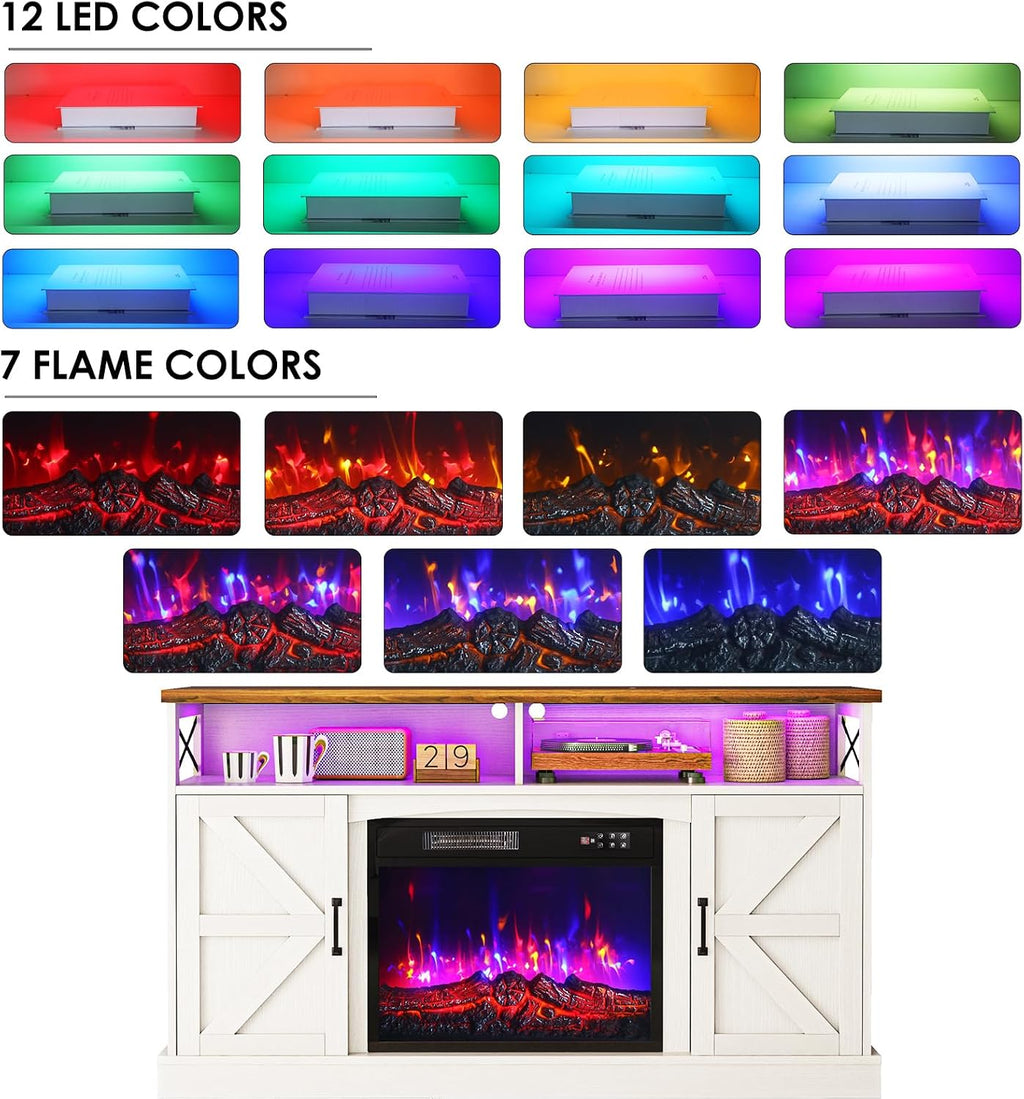 YGEOMER TV Stand with Fireplace, 59in Entertainment Center with LED Lights, for 65 inch TVs, with Opening Shelves and Storage Cabinets, for Living Room, White