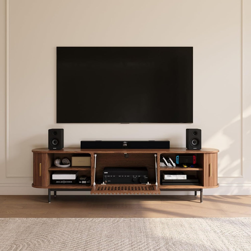 POVISON Fully-Assembled Mid Century Modern TV Stand for 75 inch TV, Sliding Door Entertainment Center with Storage, Wood TV Console, Media Console for Living Room Bedroom(Walnut, 78.74')