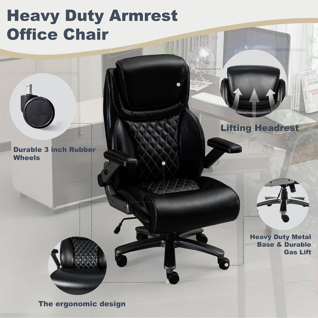 Vigosit 500 lbs Executive Office Chair for Big and Tall, Ergonomic High-Back Desk Chair with Adjustable Headrest, 3D Reversible Armrests, Silent Casters, Heavy Duty PU Leather Computer Chair (Black)