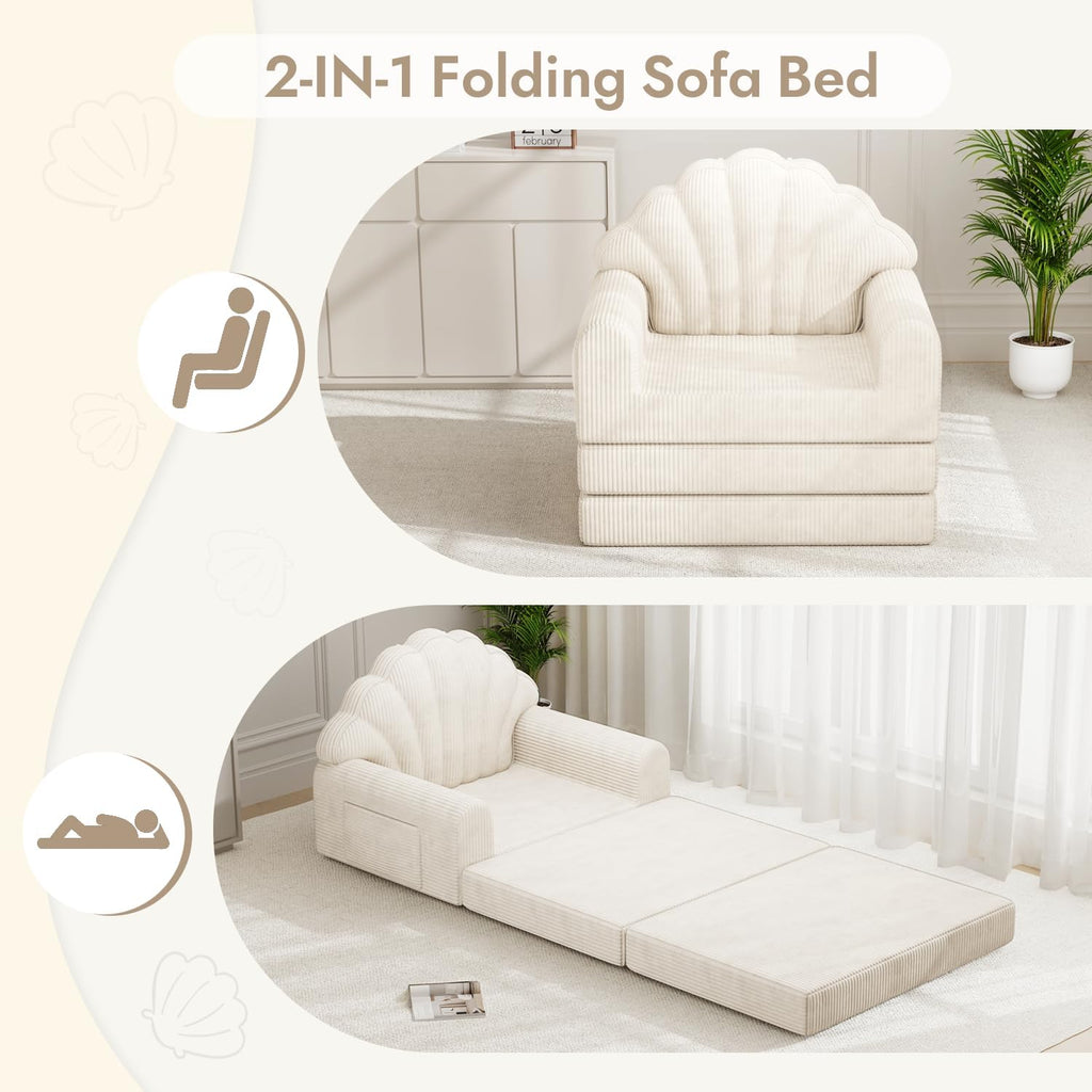 2-in-1 Folding Sofa Bed, 75' D x 34' W Convertible Futon Sleeper Chair for Adult with Extra Back Support, Fold Out Bean Bag Floor Foam Lounger Couch for Living Room Bedroom Small Space, Beige