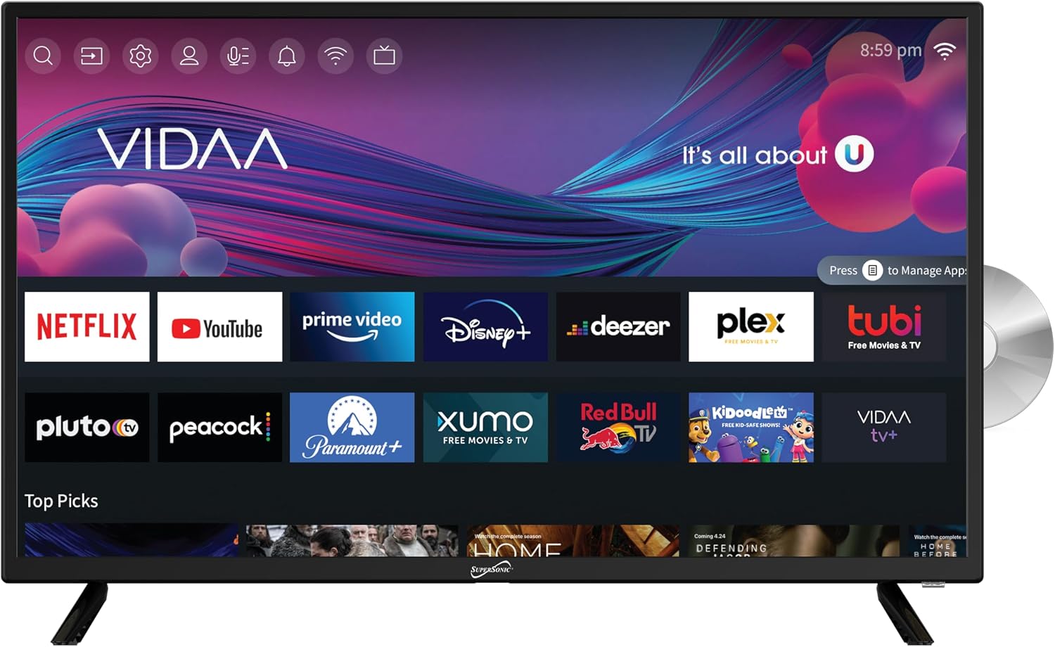 Supersonic SC-3226SDVD 32-inch LED Smart HDTV w/DVD Player, ATSC & NTSC System, 3X HDMI, 1080p, WiFi, USB, Multi Language OSD, AC/DC Compatible for Home, Kitchen, or RV Camper, DC Car Cord Included